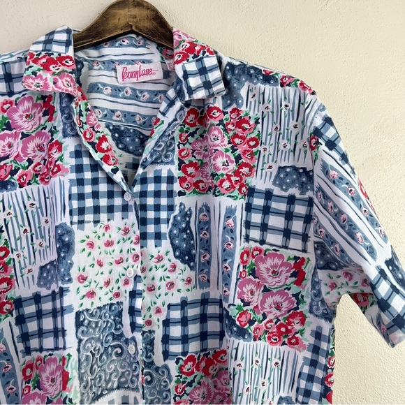 Vintage PennyLane Patchwork Look Button Front Short Sleeve Top Large Flawed - Picture 2 of 13